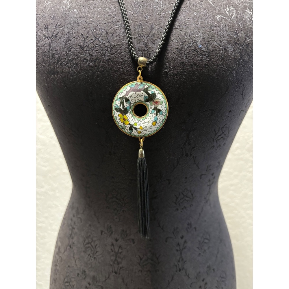 Vintage Cloisonne Enamel Donut Pendant Tassel Necklace Floral Boho Braided‎ Cord